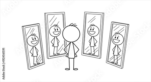 A thoughtful stick figure observes joyful reflections in mirrors, contemplating self-image and personal potential