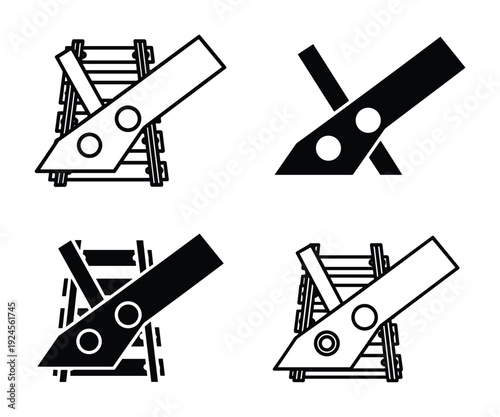 Railroad track derailer vector icons, rail transport safety equipment, train derailment prevention devices.