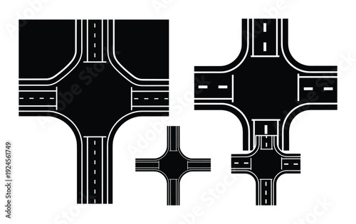 Road intersection layouts vector illustration with multiple traffic lane road crossings