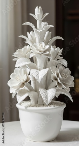 Intricate white ceramic sculpture displays a dense arrangement of blossoms and foliage within a simple pot
