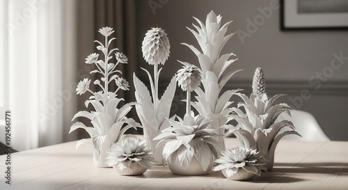 Group of stylized botanical sculptures in monochromatic tones rests upon a wooden surface indoors.