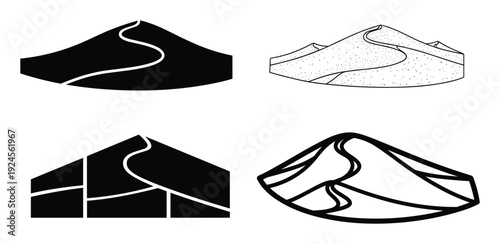 Sand dune illustrations set. Desert dunes with path and dot work. Vector sand dunes set in different styles.