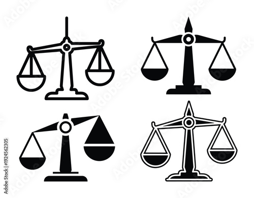 Scales of Justice Vector Set, Law and Legal Symbols, Fair Judgment Icons. Balance scale silhouette.