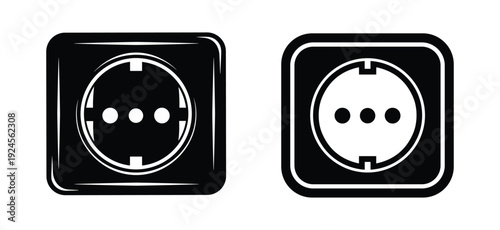 Schuko power socket vector icons. Electrical outlet vector illustrations in black and white design.