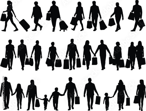 Shopping and travel silhouettes collection, business people families and couples walking with bags isolated on white background, retail lifestyle vector illustration set