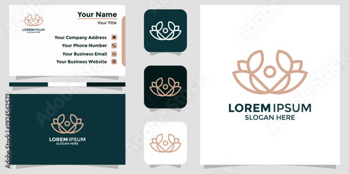 Elegant minimalist line art logo of a crown or lotus flower, displayed on a business card and app icon for cohesive brand identity