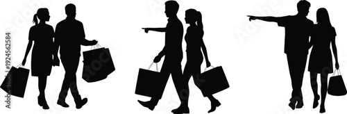 Shopping couple silhouettes walking with bags, man pointing direction while woman follows isolated on white background, retail vector illustration set