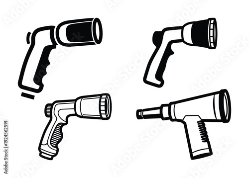 Set of black and white vector line art illustrations of garden hose spray nozzles