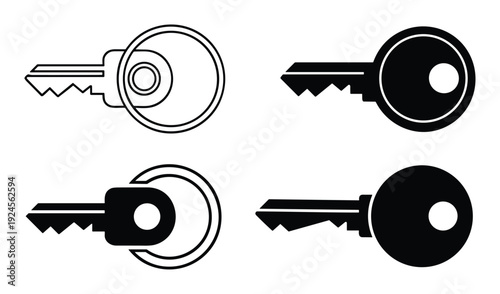 Set of door keys vectors, security access concepts, simple keys design elements, black and white security keys