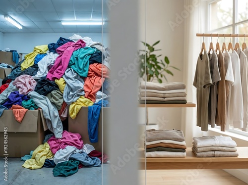 A stylish woman stands in a luxury home interior near a mirror and window, selecting a fashion dress from a wardrobe filled with elegant clothing
