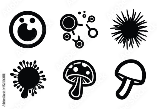 Set of microbiology cell icons, biology, mushroom, and virus icons in black and white vector illustration