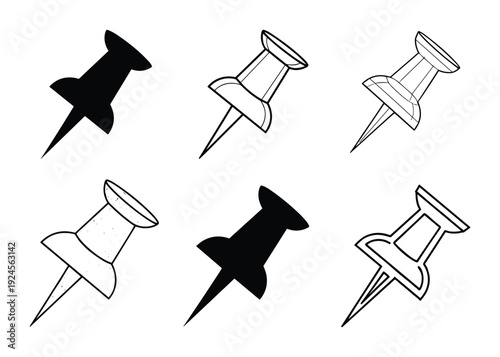 Set of six pushpin illustrations in various styles: solid fill, outline, and detailed outline. Thumbtack vectors.