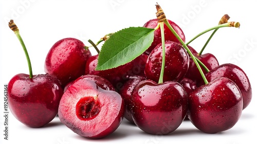 Vibrant Sweet Cherries with Water Droplets, Fresh Fruit Still Life on White Background
