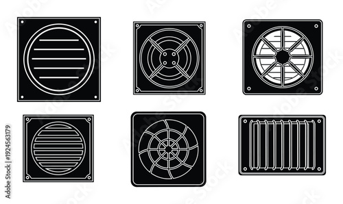 Set of ventilation grille line art vector illustration with square shapes and geometric designs.