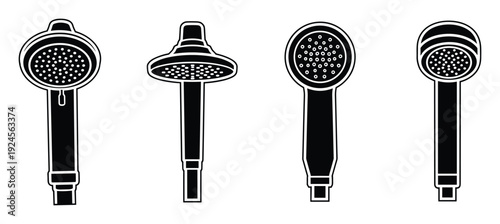 Shower head collection. Black and white bathroom fixtures for washing in the bathroom or shower stall