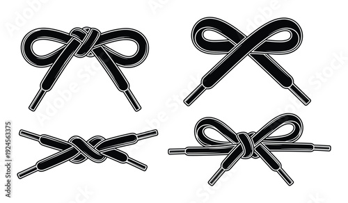 Shoelace Knot Variations Vector Set. Different tying knots styles. Flat icon shoelaces elements for clothes and footwear