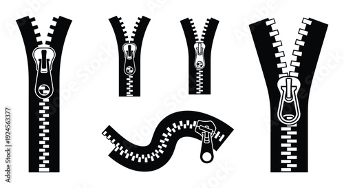 Set of zippers in open and closed states, various styles and shapes, black and white isolated vector collection