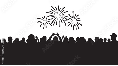 Crowd Watching Fireworks Silhouettes in Dramatic Black and with Dynamic Composition for Celebration Transparent BACKGROUND