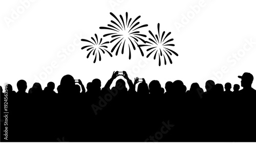 Silhouetted crowd watching fireworks in festive celebration with dramatic black silhouettes against for event promotion Transparent BACKGROUND