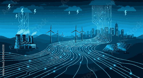 Sustainable energy transition wind turbines and power plants in harmony with cityscape and rolling hills under dramatic blue sky