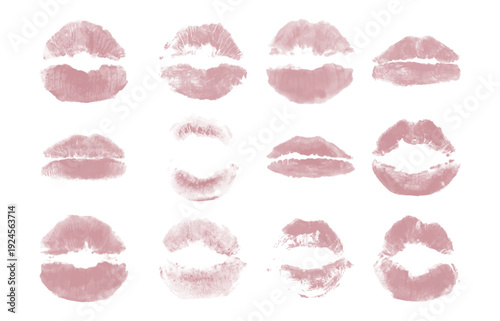 Collection of realistic pink lipstick mark isolated on a white background. Set of lipstick mark on white background
