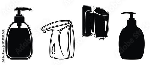 Soap dispenser vector illustrations, manual dispenser, automatic dispenser, wall-mounted dispenser drawings