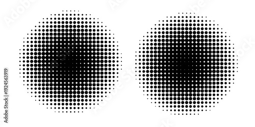 Halftone circle dotted frame circularly distributed set. Abstract dots logo emblem design element.