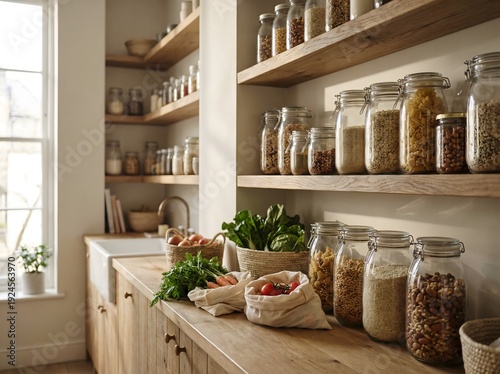 Modern kitchen interior design featuring a luxury wooden counter with bread and cheese in a bright apartment room with minimalist decor and glass furniture