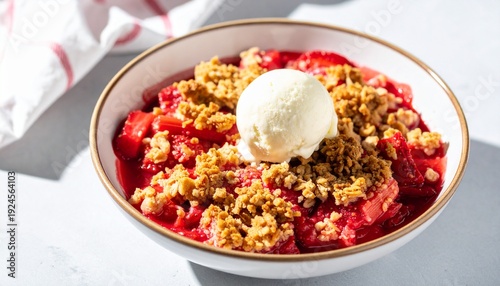 Delicious strawberry rhubarb crumble with vanilla ice cream