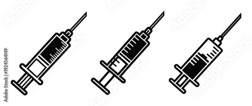 Syringe icons set with varying liquid levels, needle and plunger. Medical injection for vaccine or medication