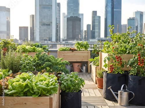 Summer blooms thrive in colorful flower pots and urban garden plants set against a backdrop of city architecture, home patios, and the towering skyline