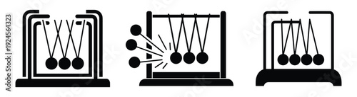Three Newtons cradles in motion, with multiple balls in physics demonstration device in black color