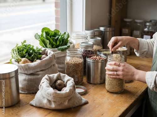 A woman holds a glass of water, wine, and a jar of fresh herbs over a wooden kitchen table set with healthy breakfast ingredients like bread, cheese, and vegetables for a traditional meal