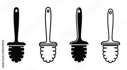 Toilet brush vector icons set. Bathroom cleaning tool symbols with handle and brush for hygiene, isolated on white