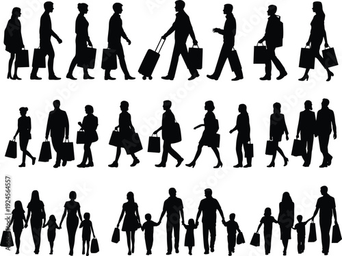 Shopping people silhouettes collection, business travelers families and couples walking with bags isolated on white background, retail lifestyle vector illustration set