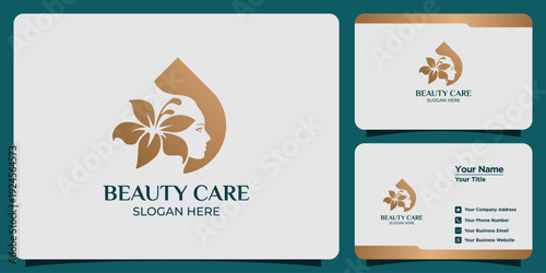 Elegant floral beauty care logo showcasing a serene woman's profile intertwined with a delicate blossom within a graceful teardrop shape, ideal for luxury wellness and aesthetic branding