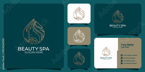 Sophisticated graphic design for a tranquil spa, featuring a woman's face intertwined with fluid lines, conveying peace and natural grace