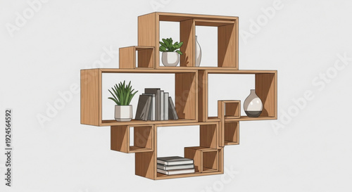 Modern wooden wall shelves with decorative items and plants on a clean white background