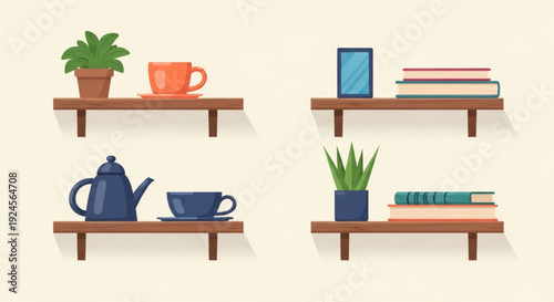 Cozy home library shelves with books plants and tea set on wooden boards warm beige background