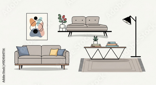 Modern living room interior with furniture sofa coffee table lamp and artwork on wall in minimalist style