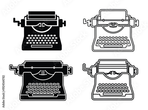 Typewriter silhouettes set with typewriter outlines on white background vector illustration