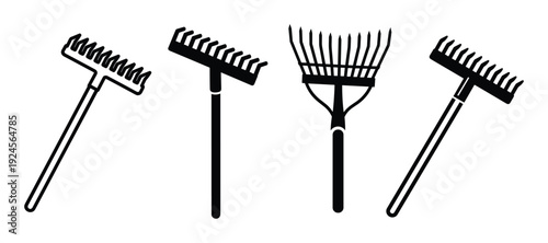 Various rakes set, including leaf rakes and garden rakes for yard work, gardening tools, in black silhouette style
