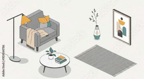 Cozy living room interior with gray sofa coffee table floor lamp and artwork on wall