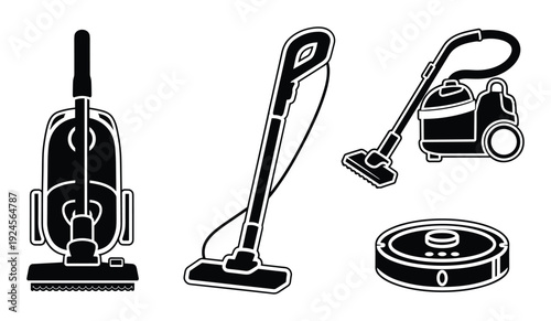 Vacuum cleaner types set illustration, upright, stick, canister and robot vacuums cleaning appliances equipment