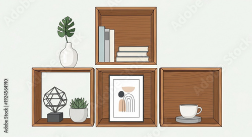 Five wooden shelves with decorative items on a light green background showcasing home decor and organization