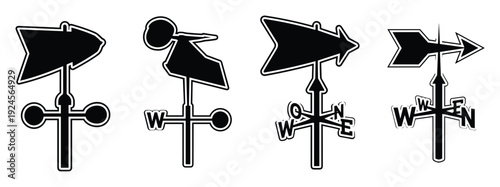 Weather vane vector set, showing wind direction and cardinal points in different styles, black and white silhouettes.