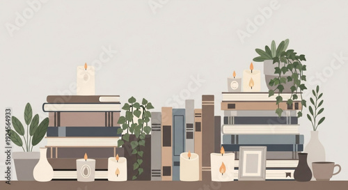 Cozy home library with books candles and plants on a shelf warm atmosphere