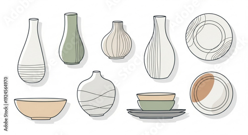 Collection of ceramic kitchenware and vases in various shapes and colors on a white background