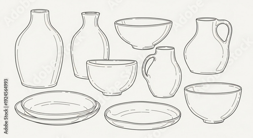 Hand drawn kitchen tableware and dinnerware set with plates bowls jugs and vases on a plain background