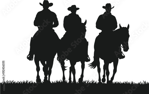 Black vector silhouette set of three cowboys riding horses through a grass field for ranch life western adventure equestrian sports and rustic branding design